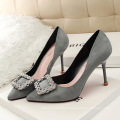 Exquisite Girl Shoe Square Buckle with Diamond Pointed Toe Black Color High Heel Pump Dress Shoes